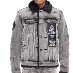 Cult of Individuality Black Denim Jacket Faux Fur Lined Distressed